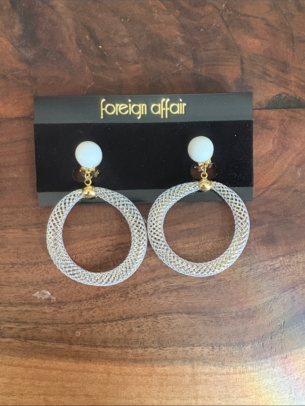Foreign Affair clip on White and Gold Mesh Hoop Drop Earrings